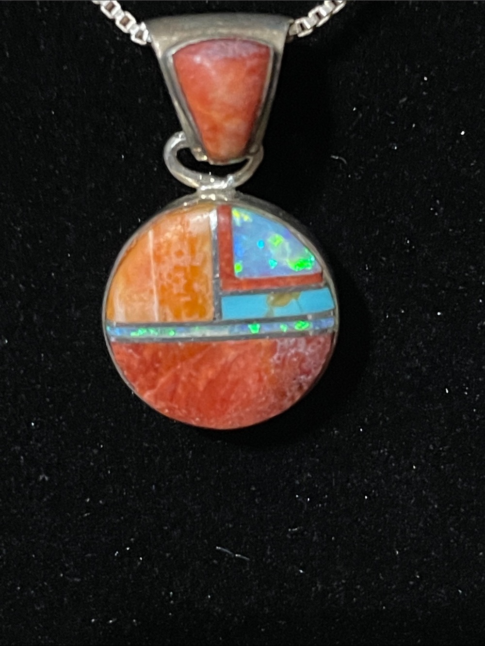 S. Martin Sterling Silver Coral and Opal Inlay Round Pendant - Orange Blue